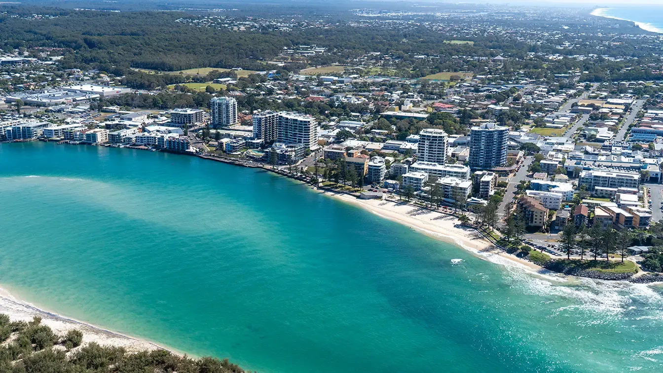 Caloundra property market, Sunshine Coast, Queensland - aerial view, Bulcock Beach