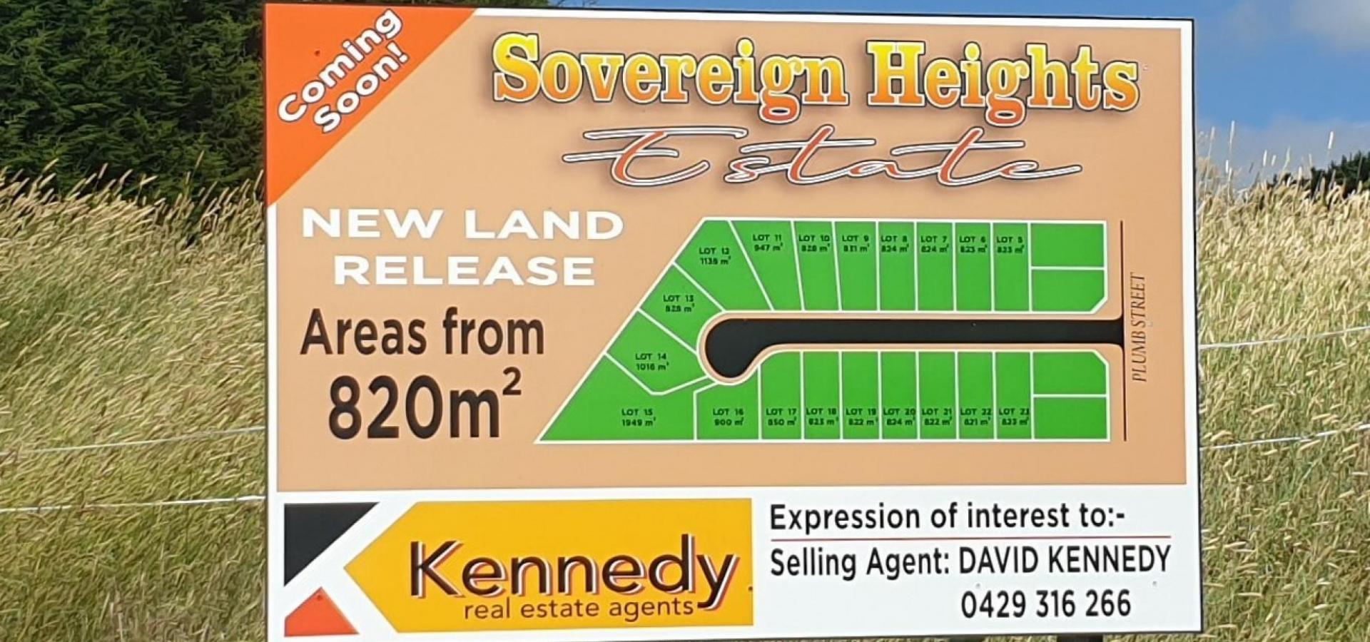 NEW LAND RELEASE, SOVEREIGN HILL ESTATE, AREAS FROM 820M2