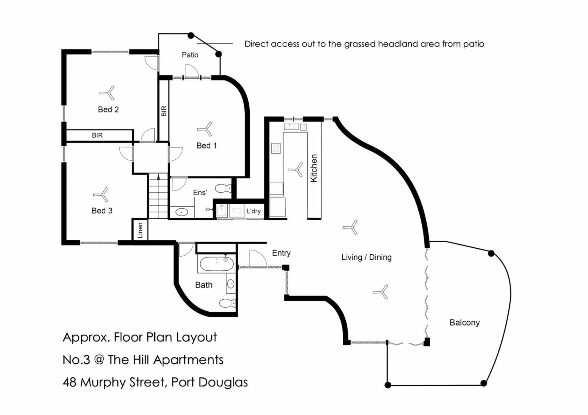 Floor plan of Unit 3, 48 Hill Apartments, Murphy Street, Port Douglas – upper-level apartment with sea and hinterland views