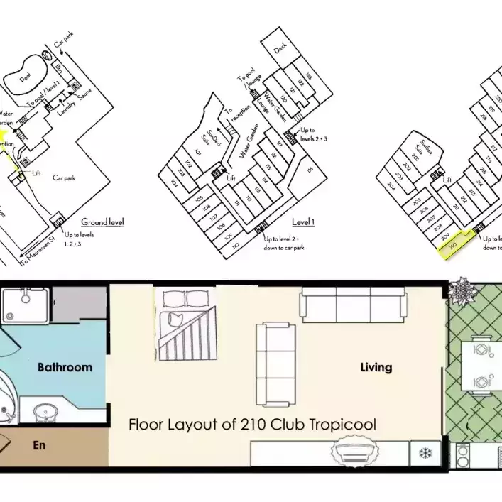 Floor plan and site layout of apartment 210, 2-4 Macrossan Street, Port Douglas – showing unit plan and communal site features